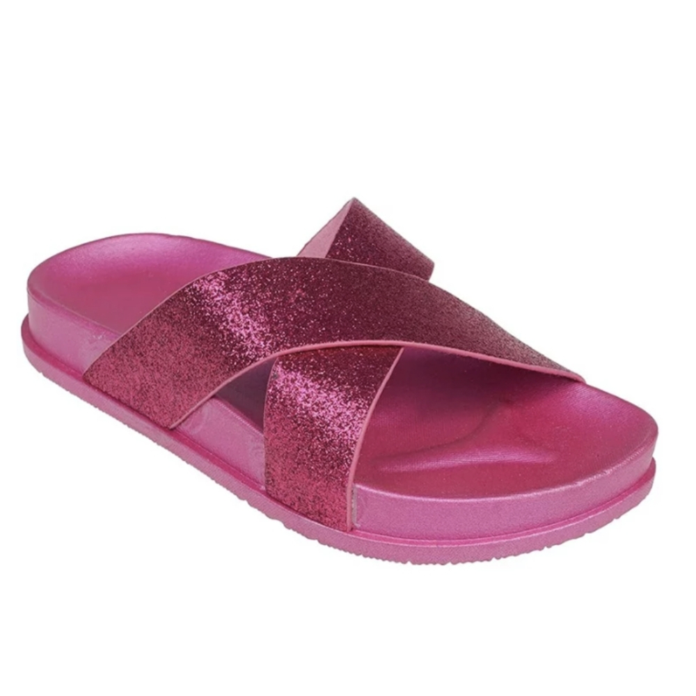 Rampage Fuschia Glitter Criss Cross Flat Slide Sandals Size 13/1